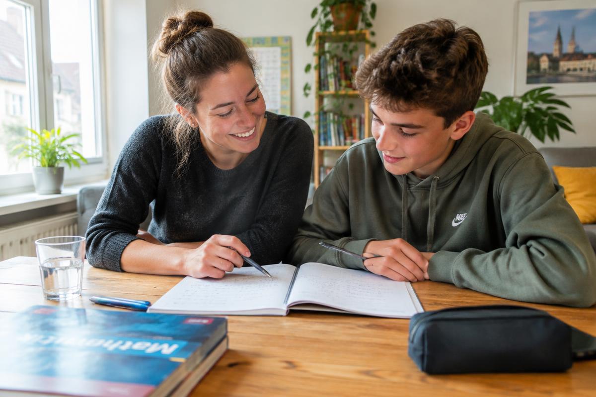 Nachhilfe: Eine Tutorin erklärt einem Jugendlichen am Tisch eine Aufgabe